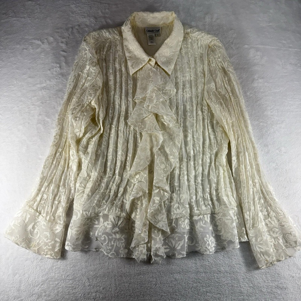 Vintage XL Ivory Satin Top Victorian Renaissance Party Ruffles Romantic Blouse - Picture 3 of 12